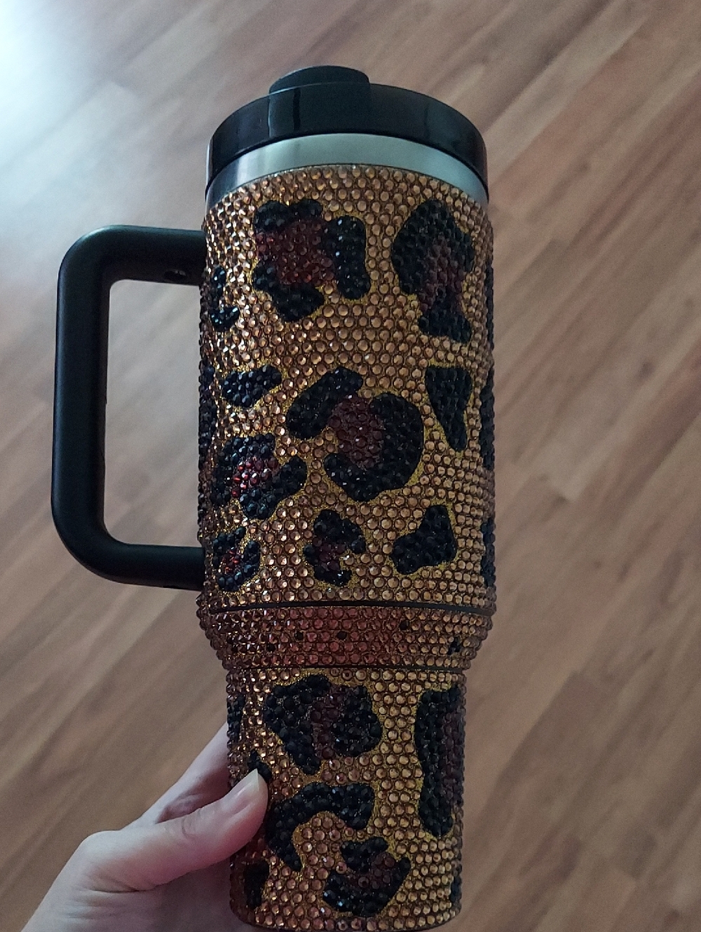 Gold Leopard Print Rhinestone Travel Mug with Black Handle